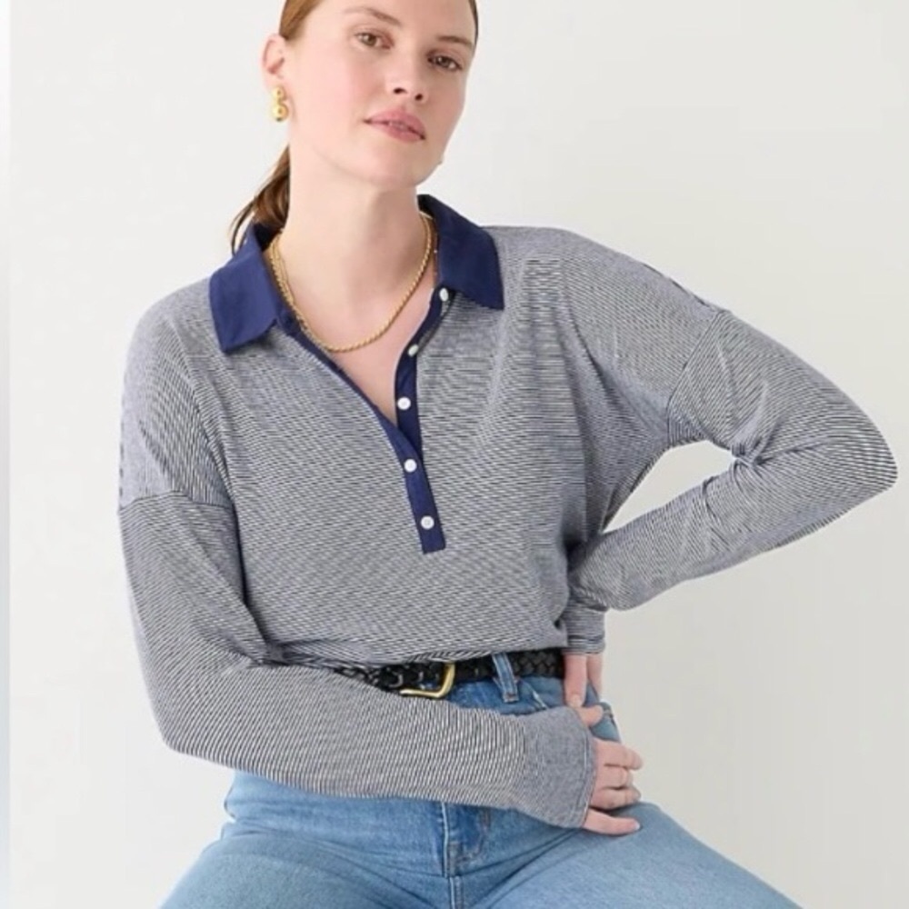 Women Sz XL J.Crew Relaxed Long-Sleeve Stretch Linen-Blend Polo Shirt in Stripe.